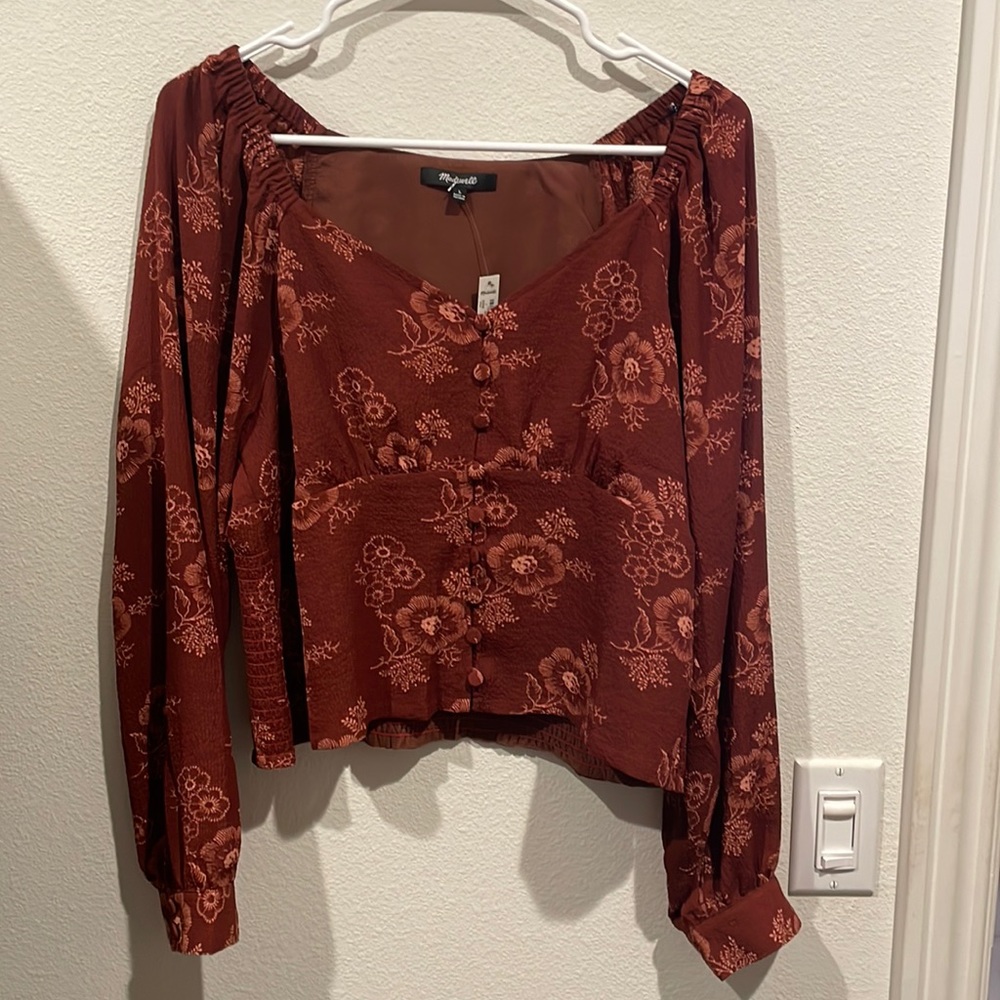 Madewell Rust Floral Button-Front Long Sleeve Blouse